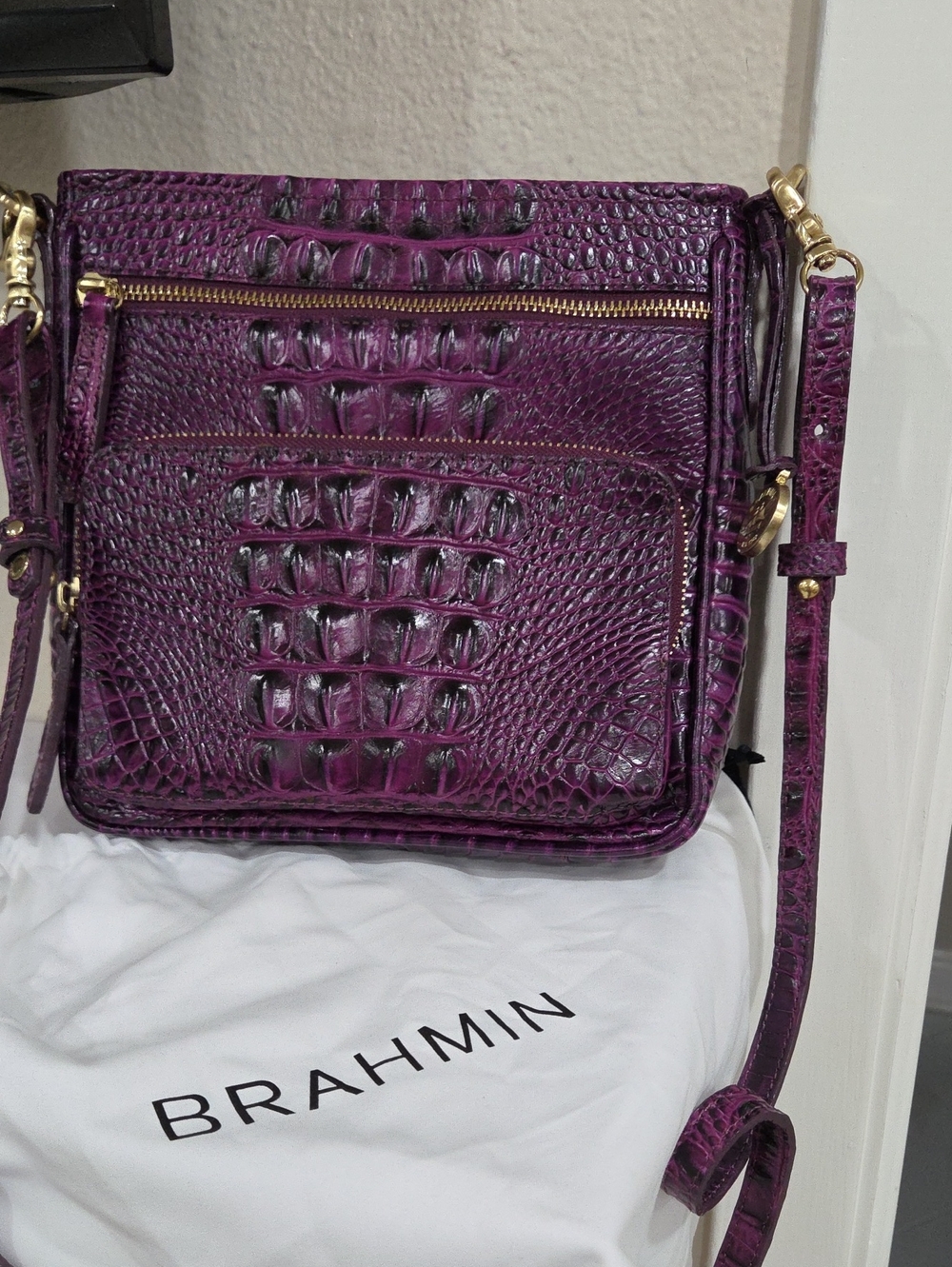 Brahmin Deep Purple Croc-Embossed Leather Crossbody With Dustbag
